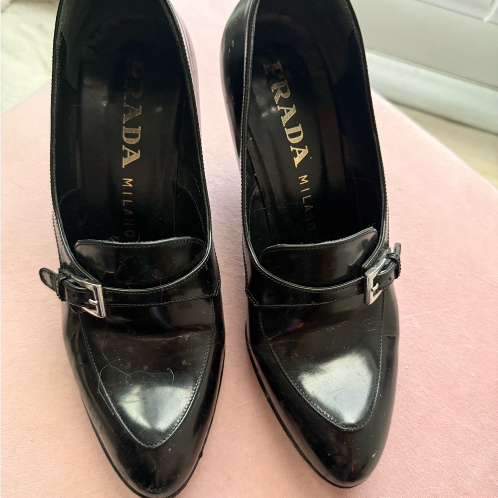 Prada Glossy Black Buckle Loafers - Picture 2 of 6